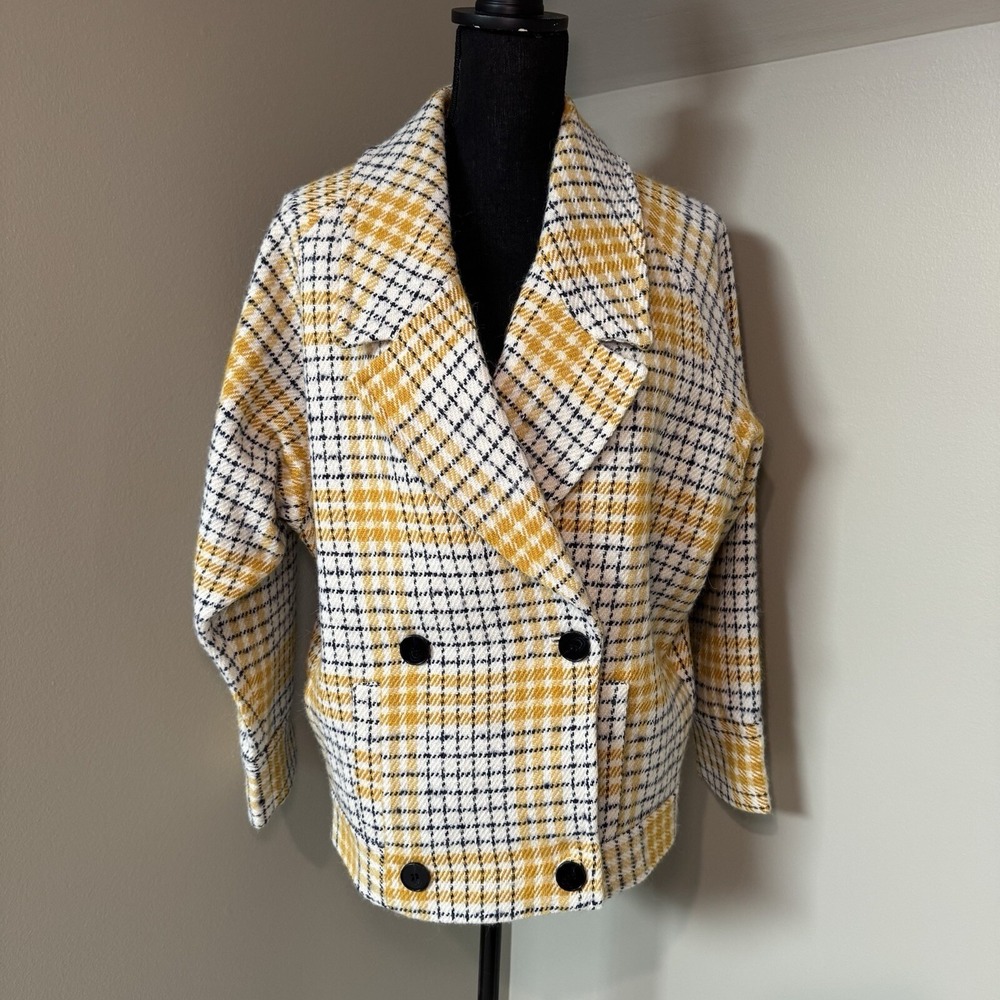 FRNCH Shani‎ Yellow Plaid Wool Blend Double Breasted Jacket NWT Size XS
